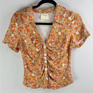 Maeve by Anthropologie Citrus Fruit Printed Button Front Ruched Blouse